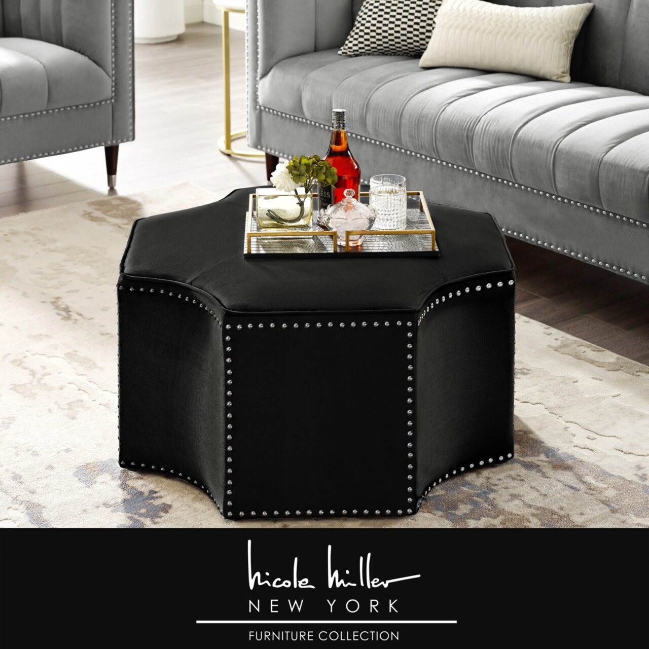 Nicole Miller Rey Octagon Cocktail Ottoman-Single Tufted-Chrome Nailhead Trim